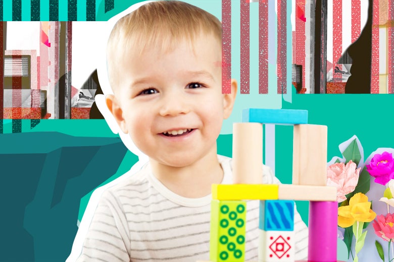 A small boy playing with blocks in front of a collage of stripes, flowers, and a cliff.