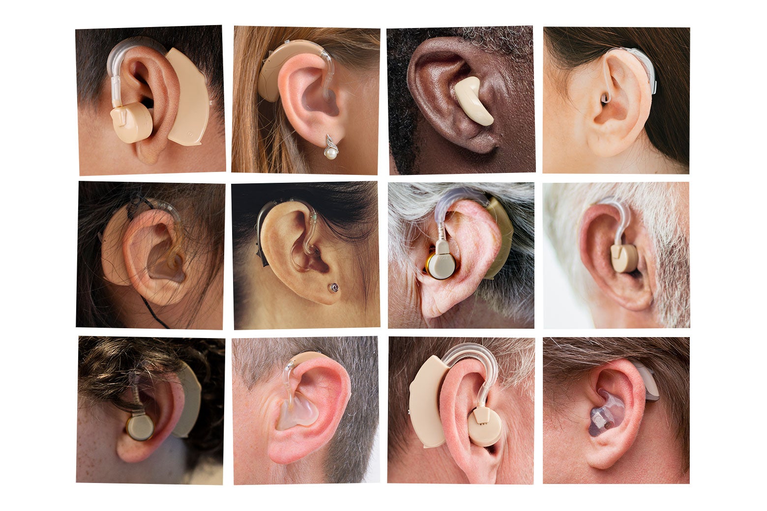 A collage of ears wearing hearing aids.