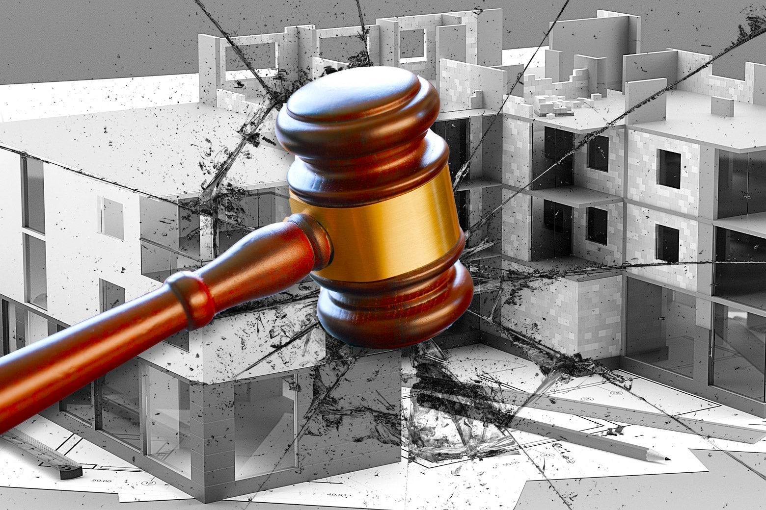 An illustration of a gavel smashing an image of a building under construction.