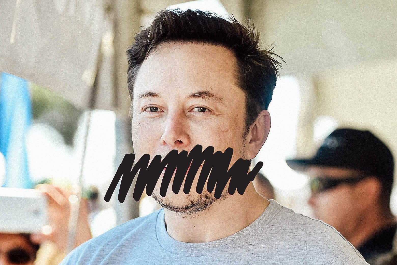 Elon Musk with a scribble drawn across his mouth.