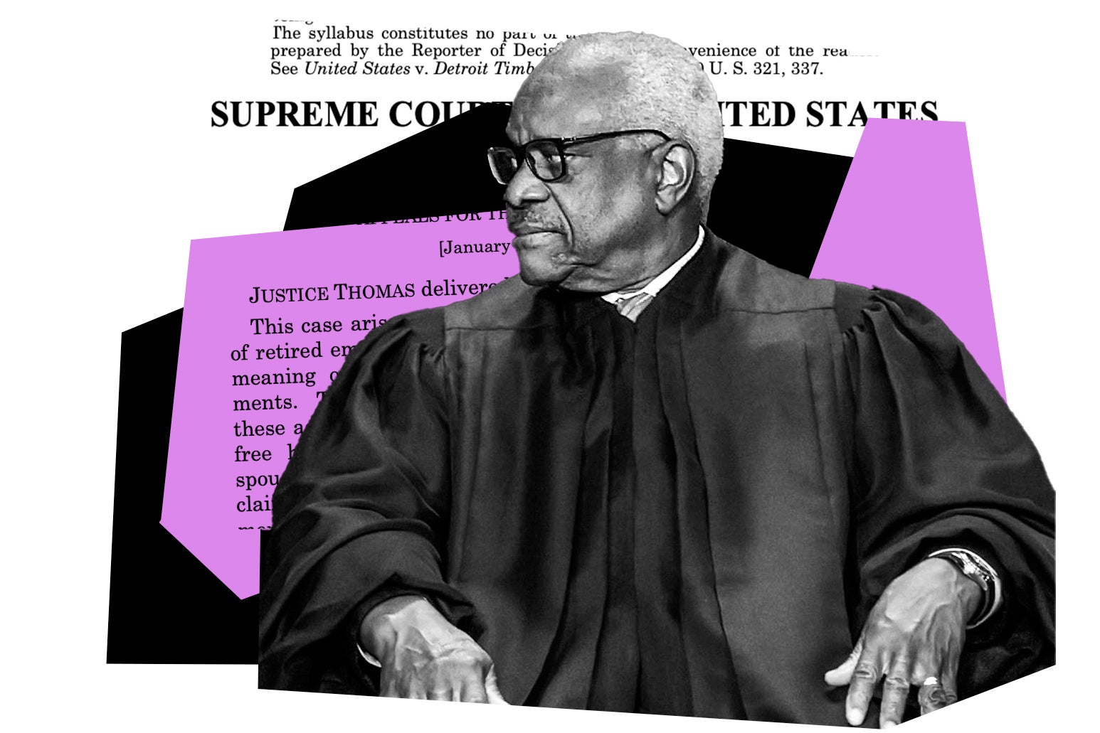 Clarence Thomas in his bathrobe wanting to the side with a background of a Supreme Court viewpoint. 