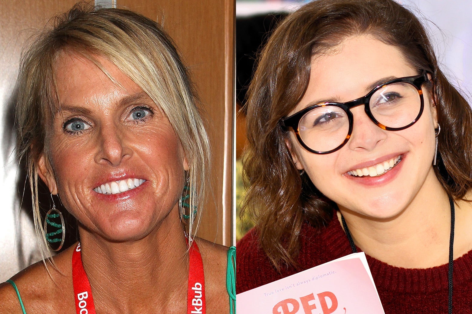 Two women in separate photos, one looking at the camera and smiling, one at a reading with a copy of her book.