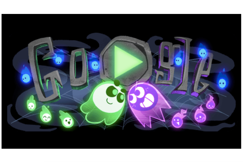 Letter-shaped tombstones form the word "Google." Two ghosts, one green and one purple, face off in the foreground.