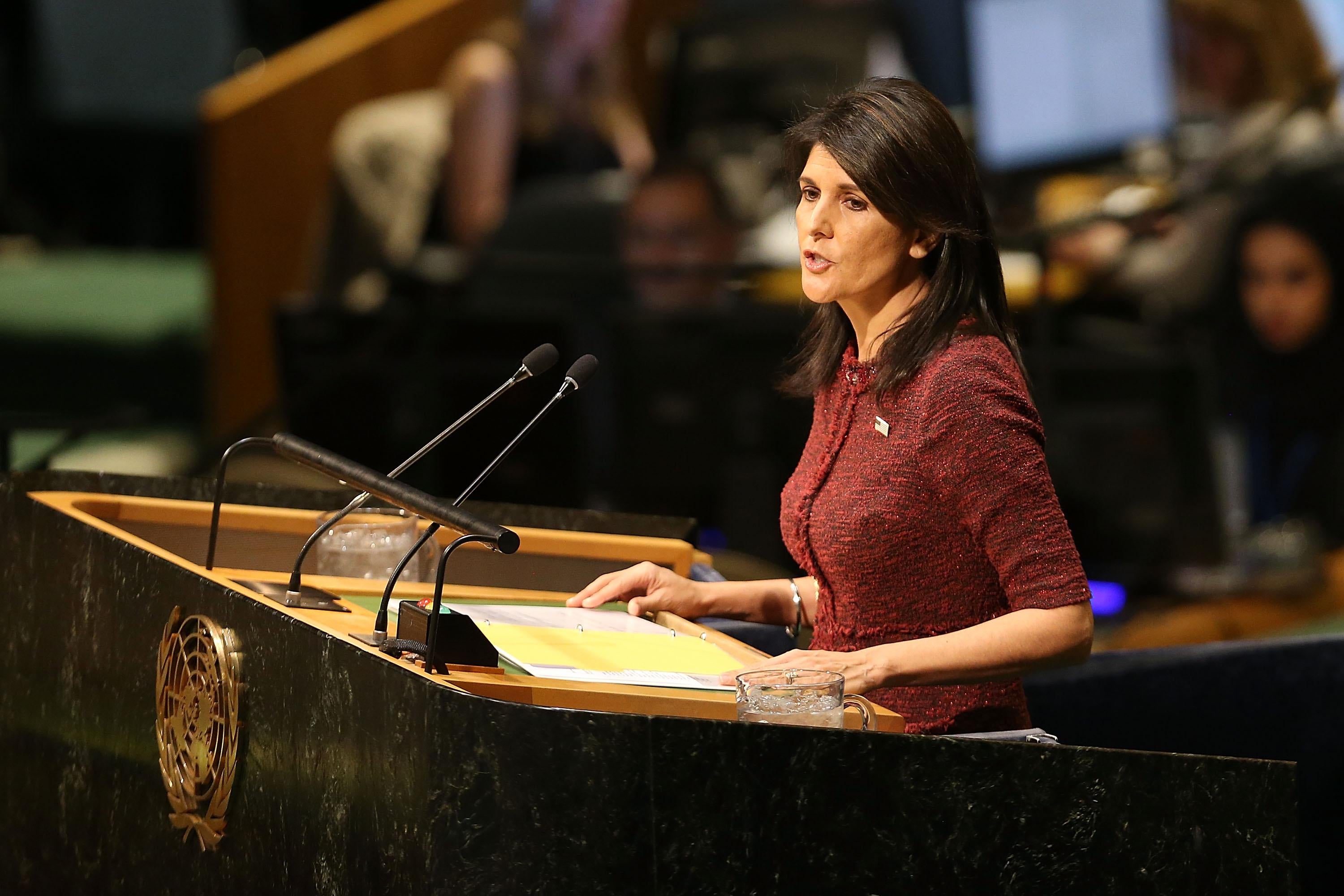 NEW YORK, NY - DECEMBER 21:  Nikki Haley, United States Ambassador to the United Nations, speaks on the floor of the General Assembly on December 21, 2017 in New York City. A vote is scheduled at the United Nations General Assembly today concerning Washington's decision to recognize Jerusalem as Israel's capital and relocate its embassy there. The US, which alone vetoed a resolution put to the Security Council on the move to Jerusalem, cannot veto General Assembly motions, which require a simple majority to be adopted. The Trump administration has threatened to take action against any country that votes against the United States decision to move its embassy.  (Photo by Spencer Platt/Getty Images)