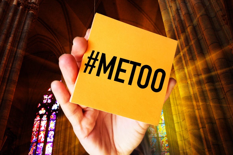 A hand holding a #MeToo card in a church with stained-glass windows.