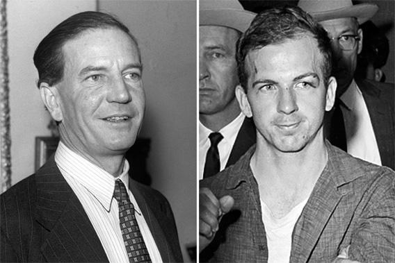 A November 1955 photo of Kim Philby, left, the "Third Man" in the Burgess and MacLean spy case. Lee Harvey Oswald, right, suspected assassin of U.S. President John F. Kennedy, at police headquarters in Dallas, Texas, Nov. 22, 1963.