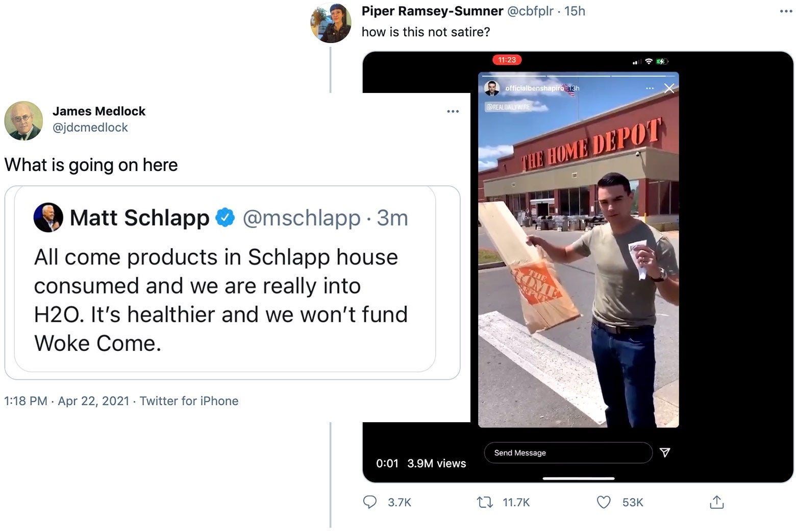 On the right, Ben Shapiro holds a piece of wood outside a Home Depot. On the left, a tweet by Matt Schlapp about boycotting "come" products.
