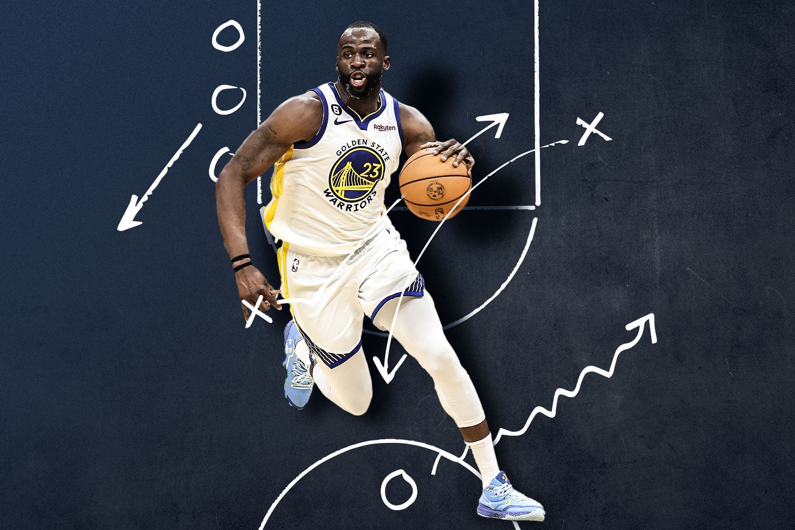 Draymond dribbles with an illustrated Xes-and-Os play on a basketball half-court behind him.