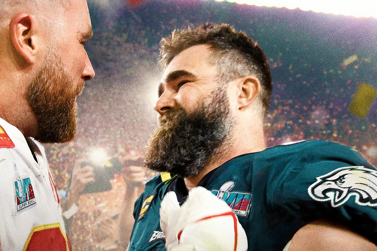 New York News Jason Kelce opposite his brother Travis Kelce on the football field.