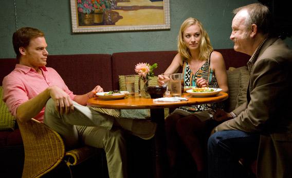 Michael C. Hall as Dexter Morgan, Yvonne Strahovski as Hannah McKay and Jim Beaver as Clint McKay in Dexter.