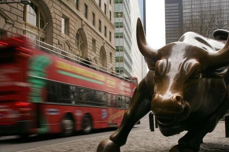 The Wall Street bull statue in the financial district of New York City