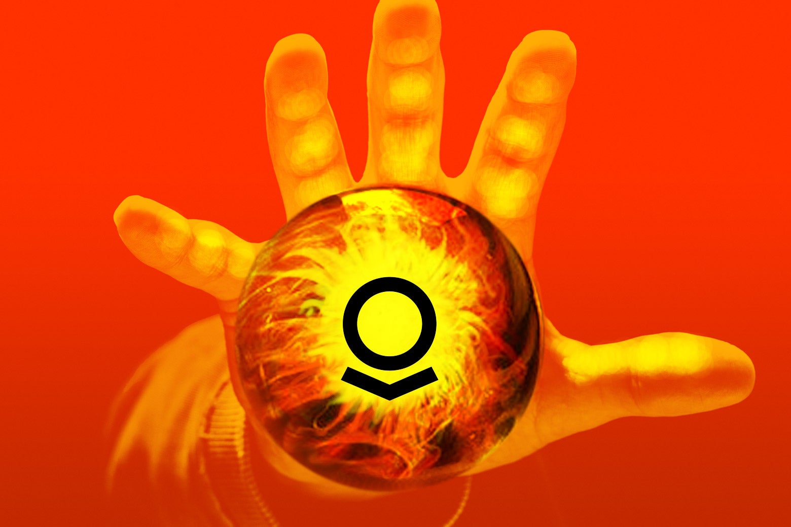 Photo illustration of Palantir logo inside of magical orb with a hand over it.