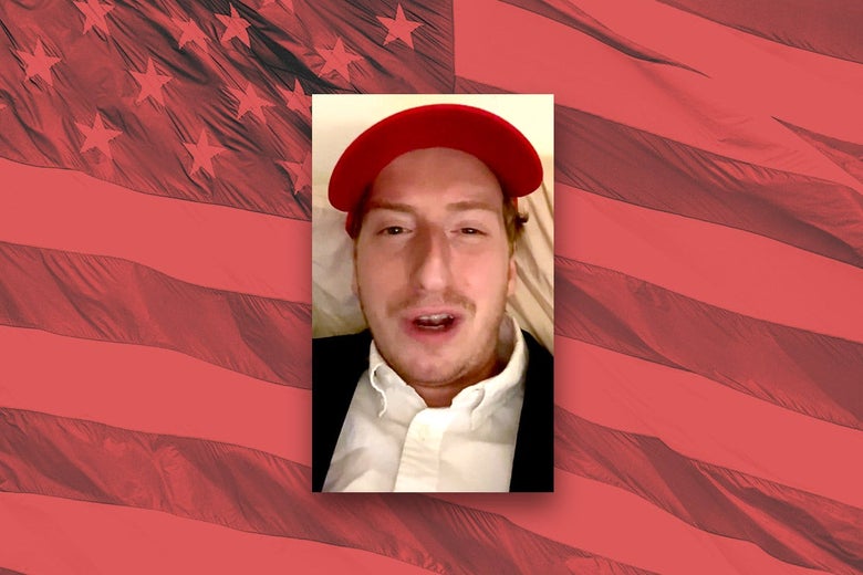 A photo of James Austin Johnson against an American flag