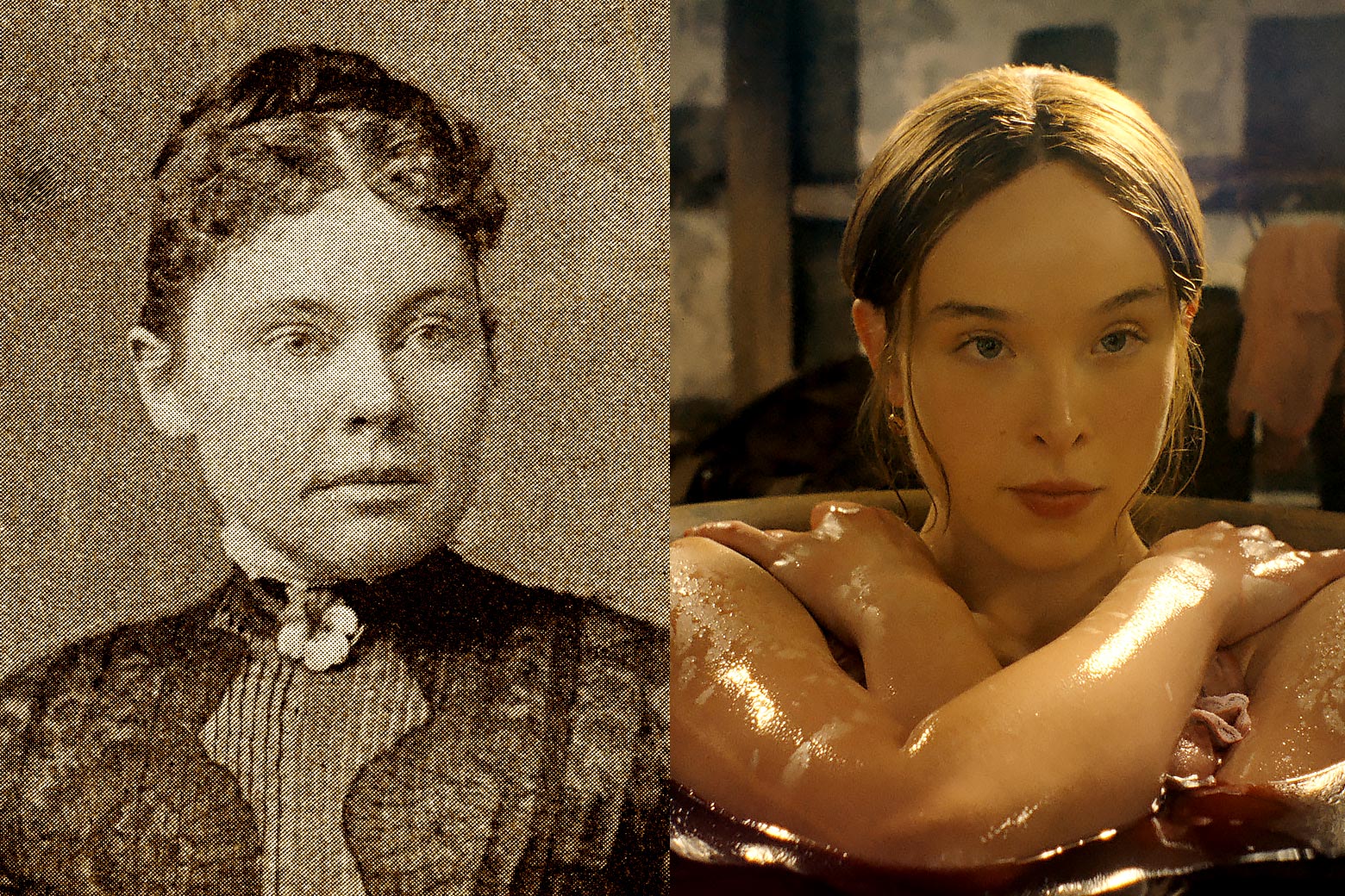 The real Lizzie Borden's portrait on the left and Ella Beatty as Borden on the right.