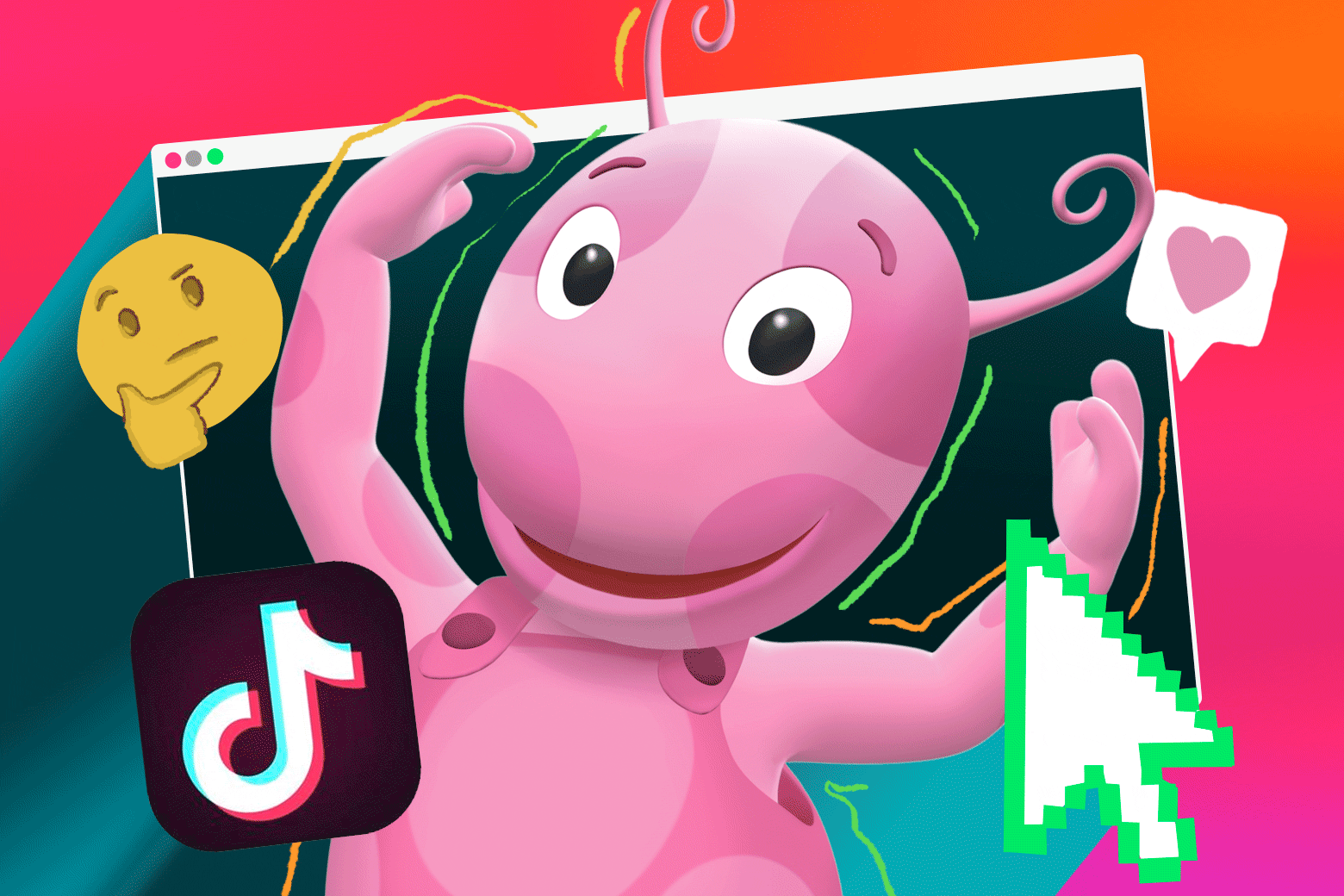 A big pink animal in overalls surrounded by an animated thinking-face emoji and the TikTok logo