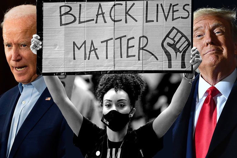 A split screen with Biden, a Black Lives Matter protester, and Trump
