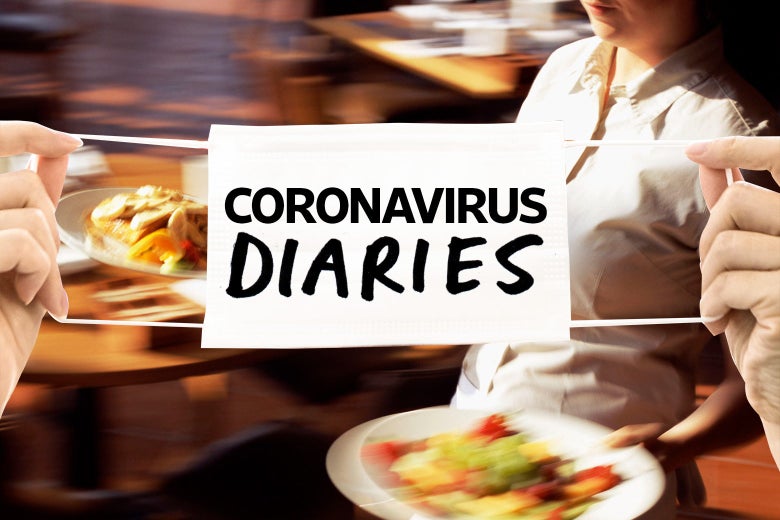 A restaurant scene, blurred, with a Coronavirus banner over it.