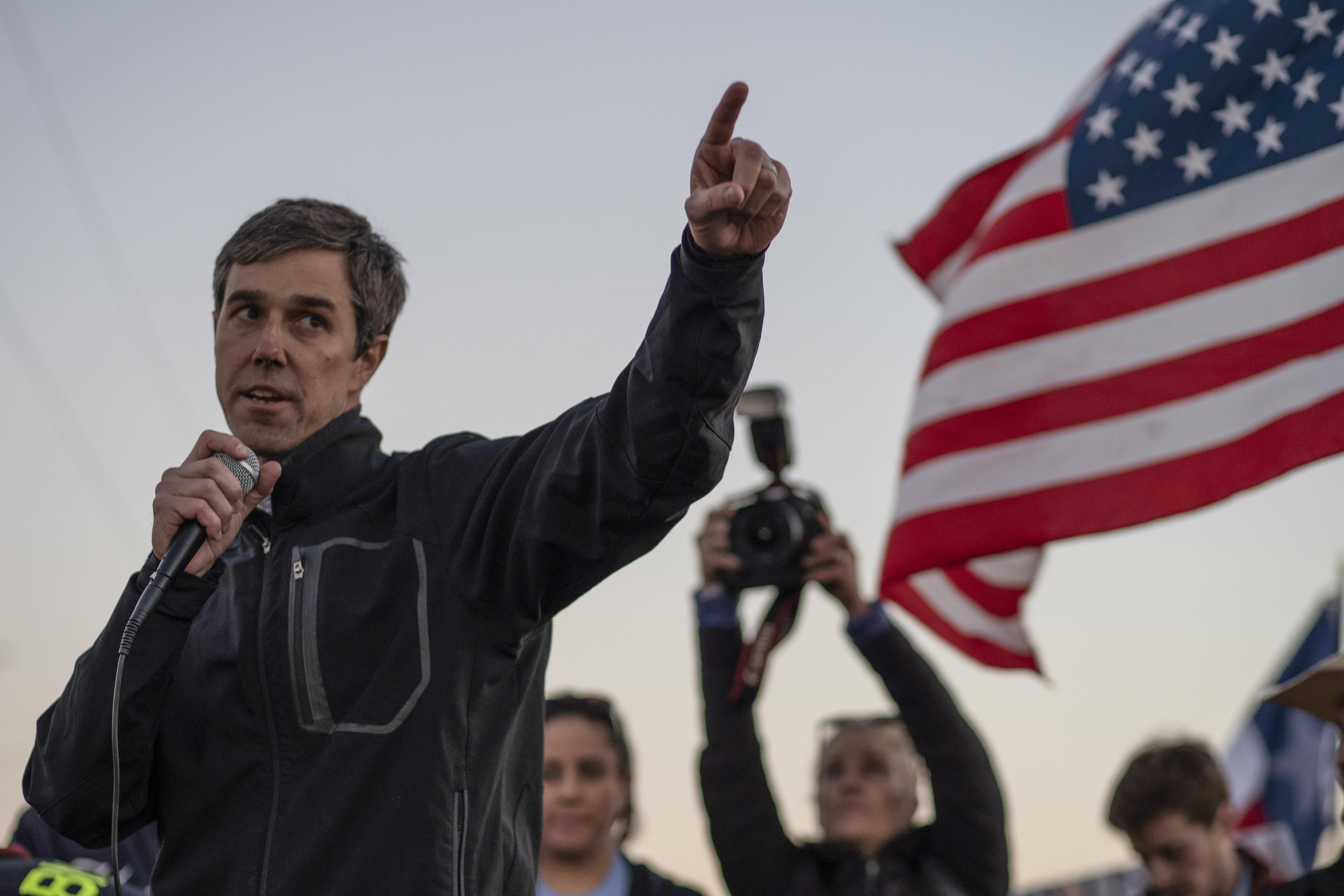 Beto O'Rourke speaks to a crowd of marchers during the anti-Trump 'March for Truth' in El Paso, Texas, on Feb. 11, 2019. 