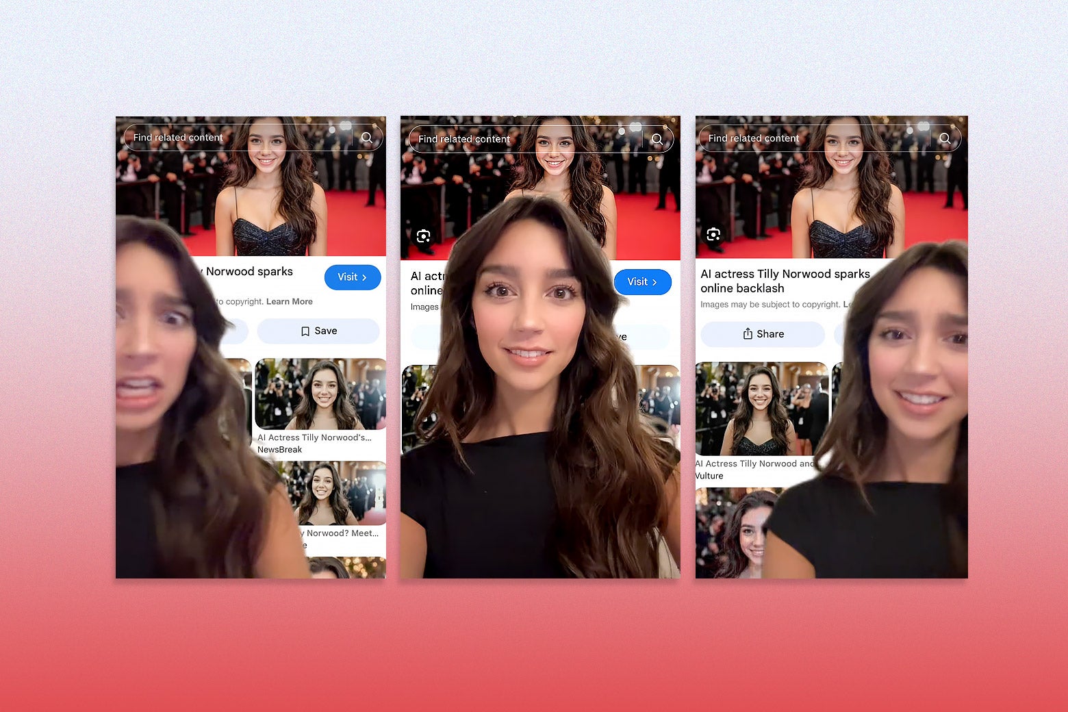 Bir kadının, kendisine tıpatıp benzeyen yapay zeka destekli bir aktörün yer aldığı Google Görsel aramasının önünde konuştuğu bir TikTok videosundan kare.