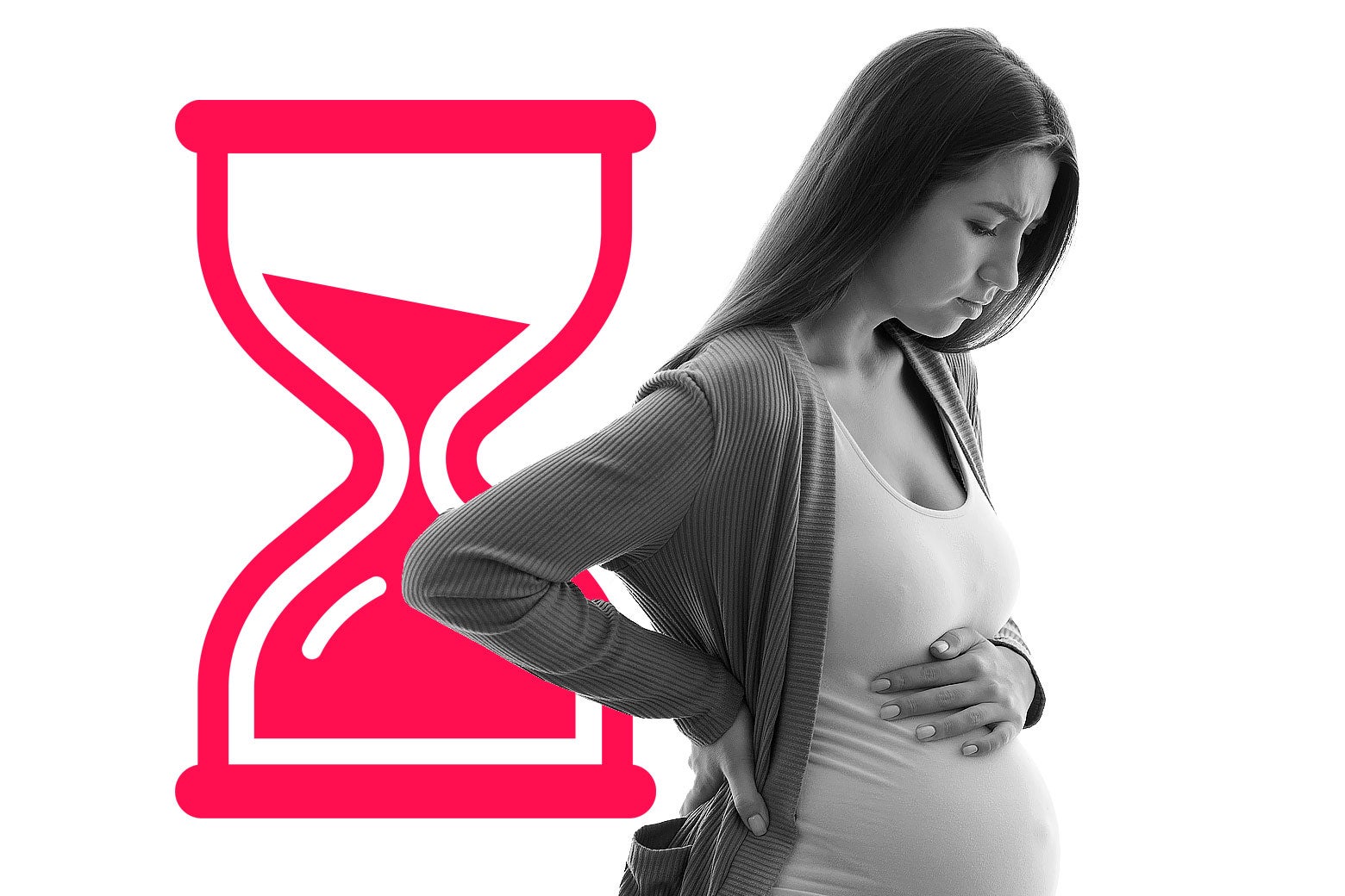 A person puts a hand on their pregnant belly with an illustrated hourglass behind them.