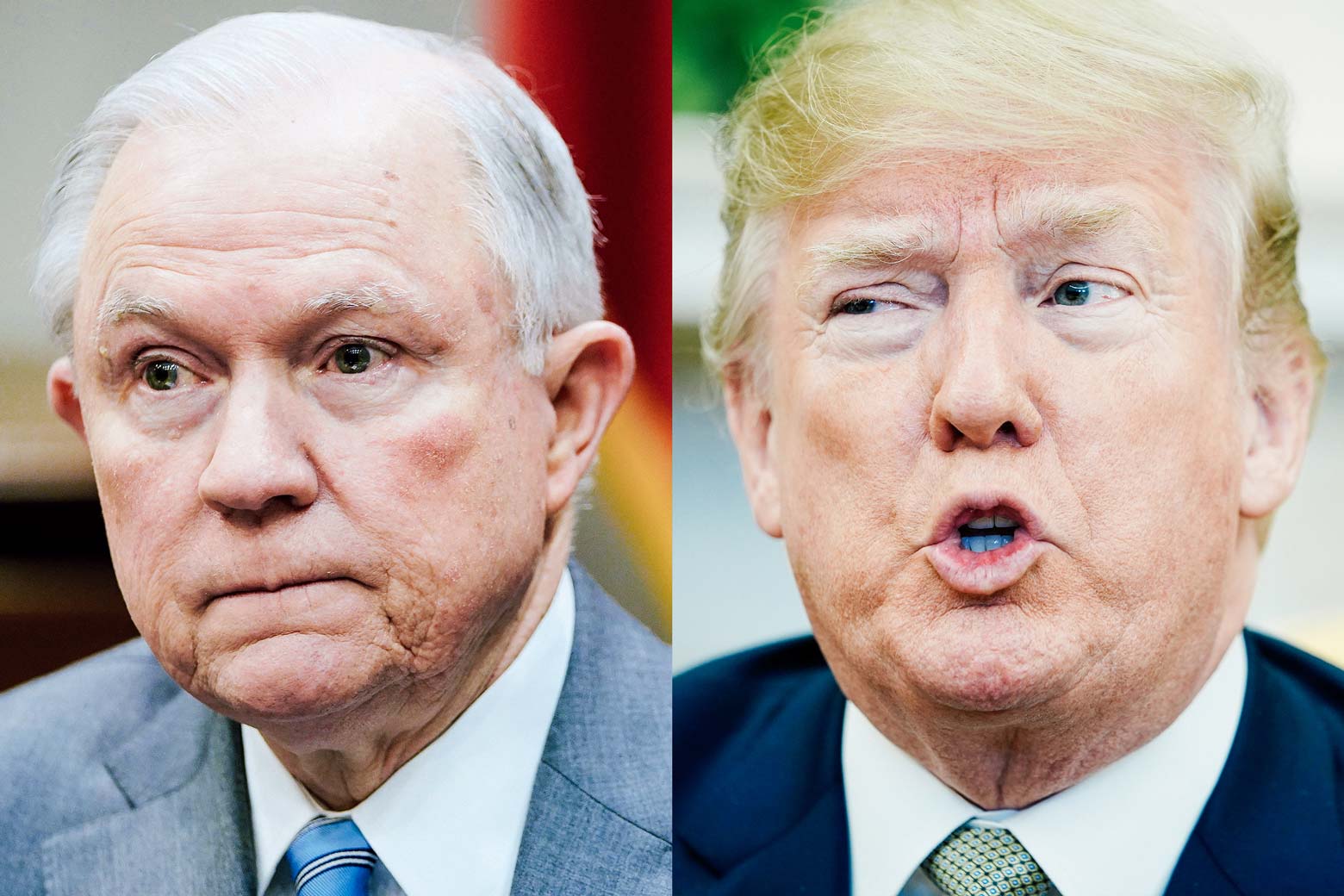 Photo illustration: side-by-side of Attorney General Jeff Sessions and President Donald Trump.
