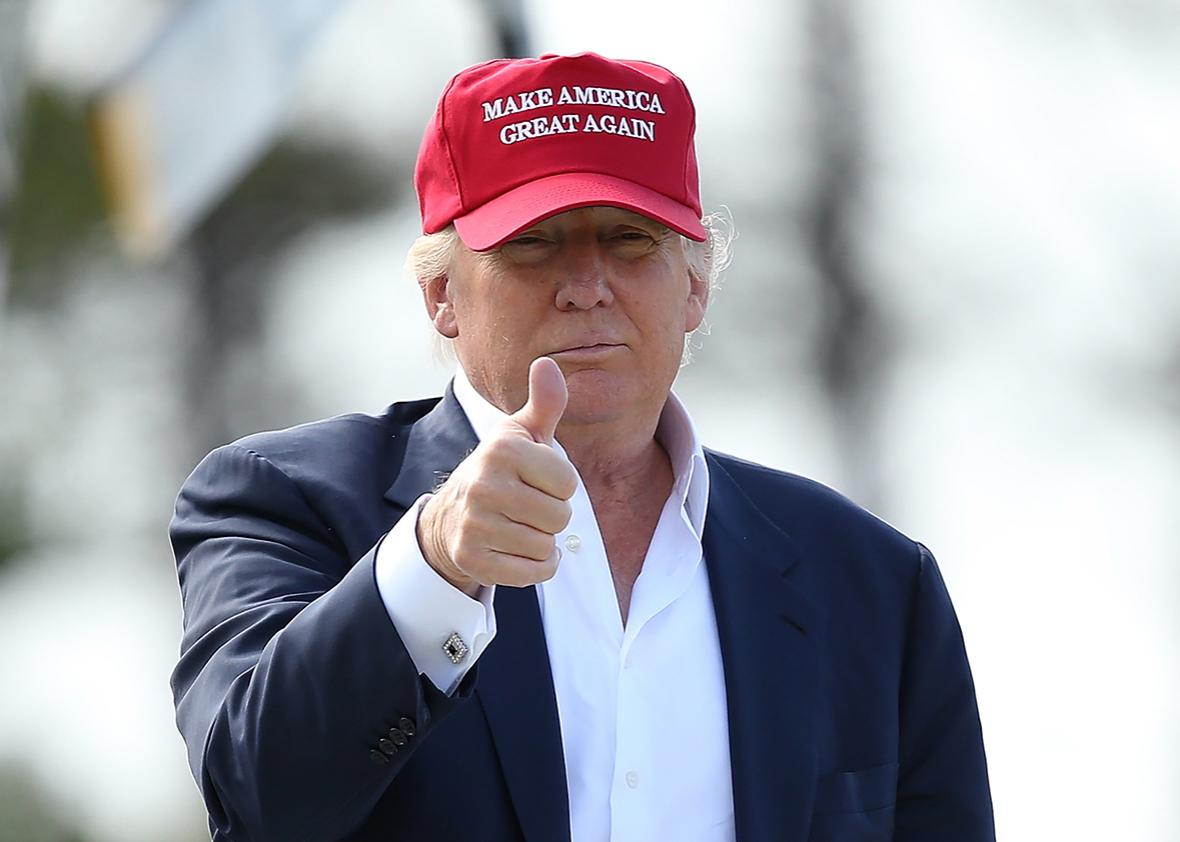 Republican Presidential Candidate Donald Trump gives the thumbs up as he visits his Scottish golf course Turnberry on July 30, 2015 in Ayr, Scotland. 