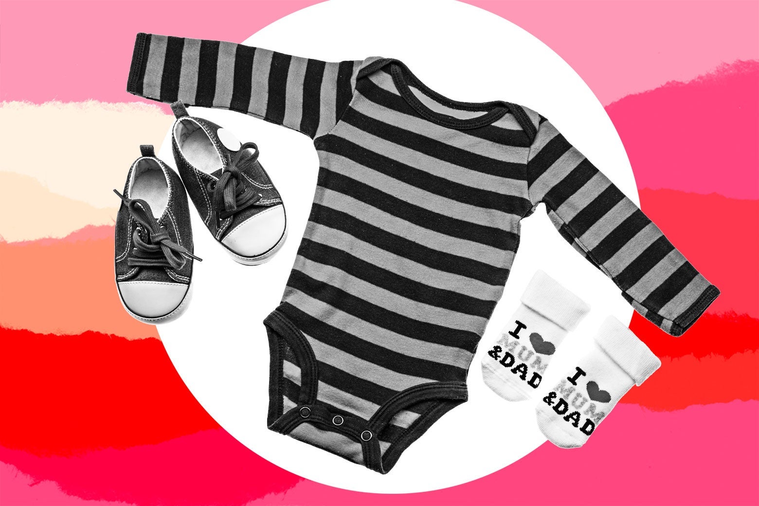 A pair of tiny sneakers, a striped onesie, and a pair of little socks.