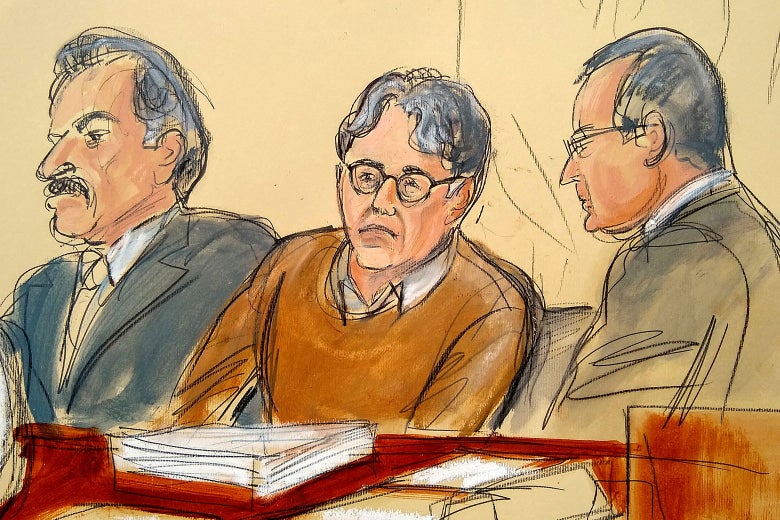 In this courtroom drawing, defendant Keith Raniere, center, is seated between his attorneys Paul DerOhannesian, left, and Marc Agnifilo during the first day of his sex trafficking trial on May 7, 2019.