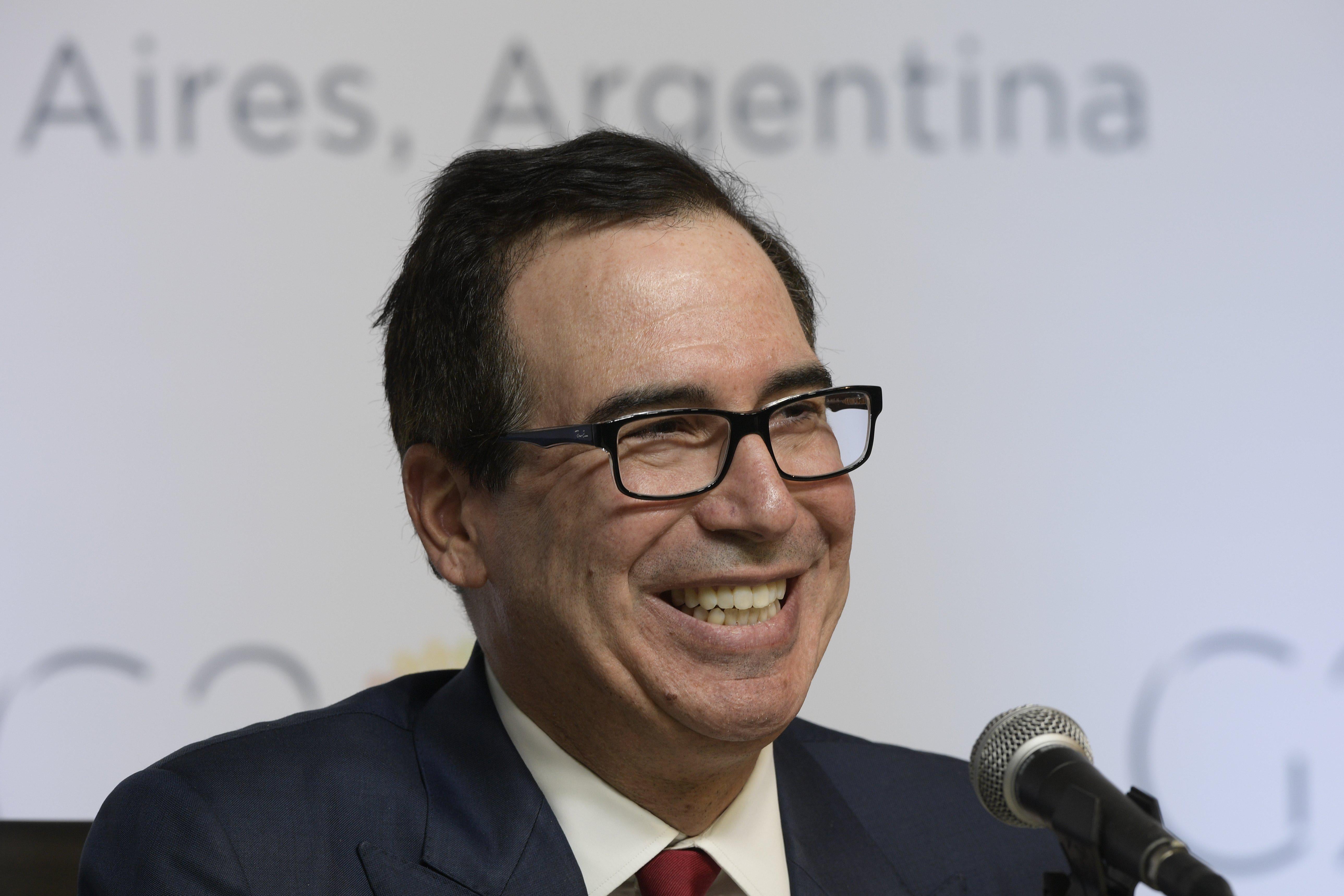 Treasury Secretary Steven Mnuchin delivers a speech during the G20 meeting of Finance Ministers and Central Bank Governors, in Buenos Aires, on March 20, 2018.