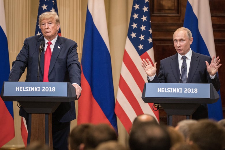 President Donald Trump, left, and Russian President Vladimir Putin answer questions 
