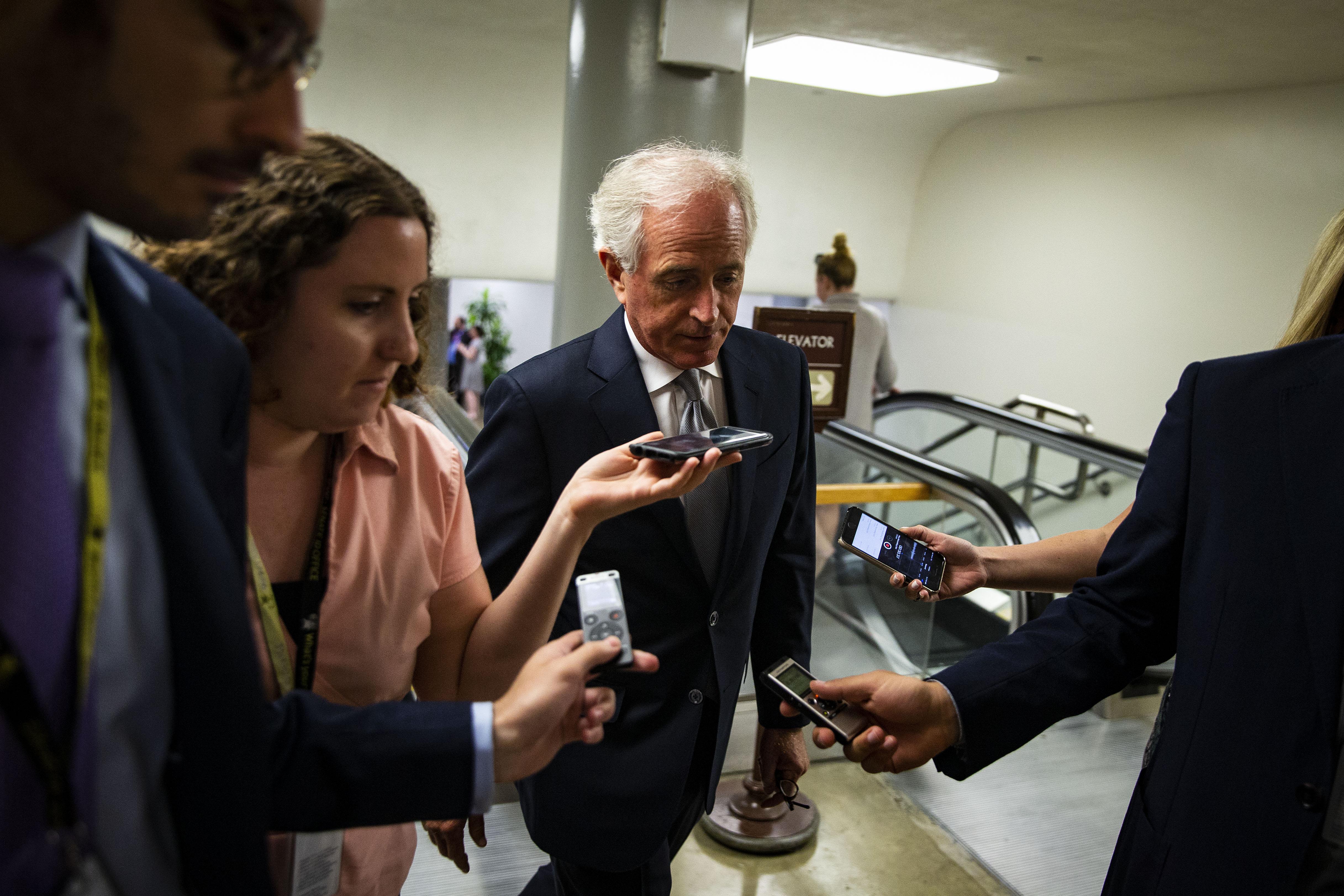 WASHINGTON, DC - JULY 10: Sen. Bob Corker (R-TN) speaks to reporters as he heads to the weekly Senate Republicans policy luncheon, on Capitol Hill, on July 10, 2018 in Washington, DC. (Photo by Al Drago/Getty Images)