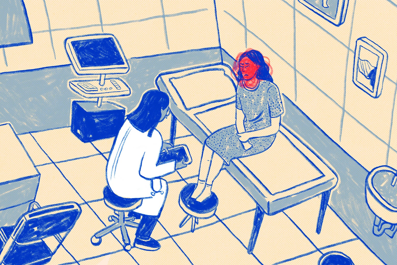 Two women sit in a doctors office. The woman who is the patient has a ball of red around and covering her face. 