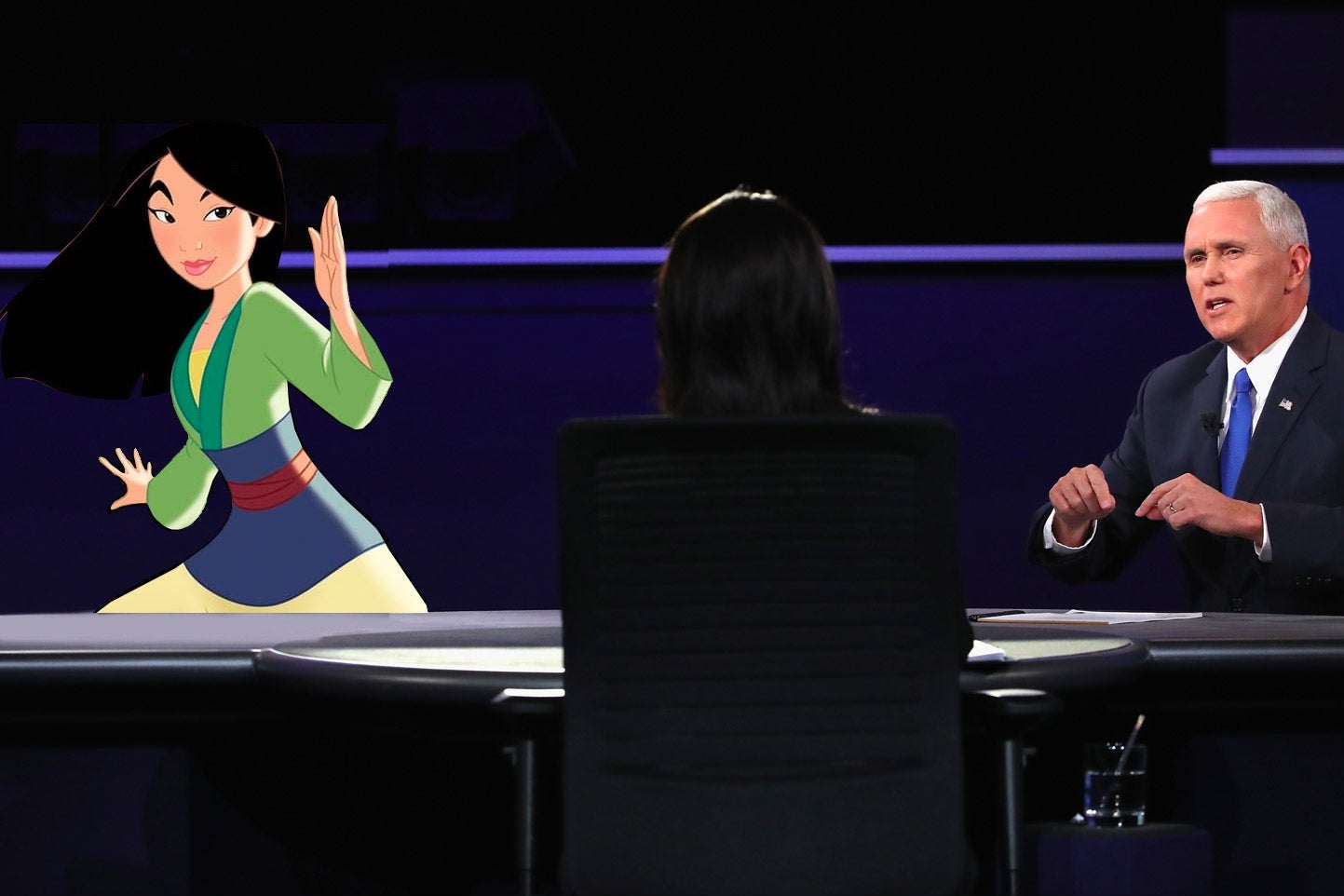 On the right, Mike Pence sits down for the debate. On the left, Hua Mulan.