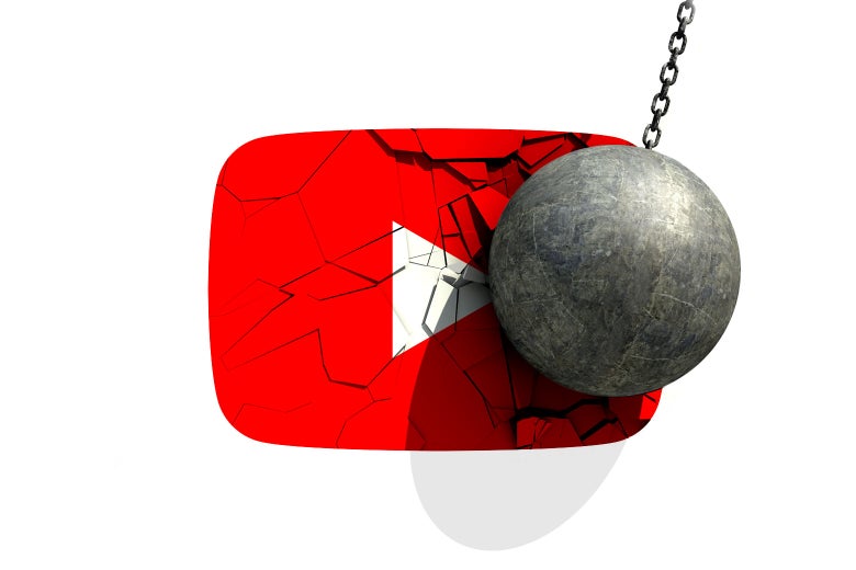 A wrecking ball crashes into the YouTube logo.