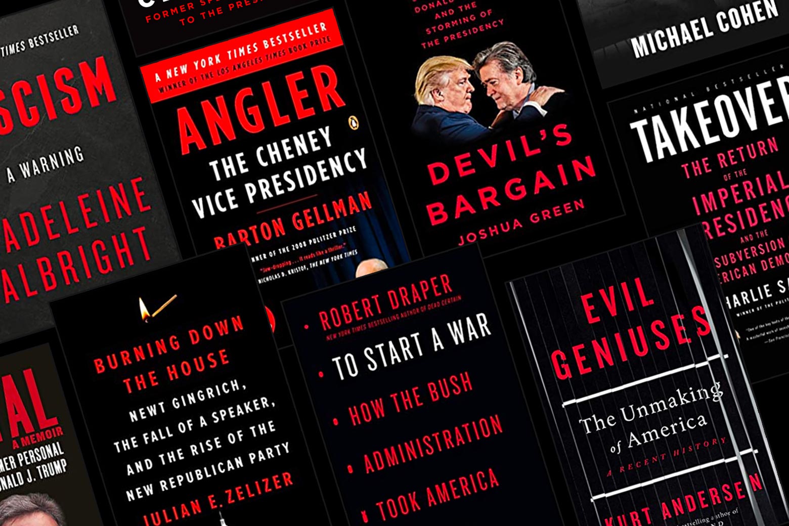 A collage of book covers for Angler, To Start a War, Burning Down the House, Evil Geniuses, Takeover, and Fascism: A Warning shows that they're all remarkably similar: Red and white sans serif fonts, black backgrounds, minimal imagery