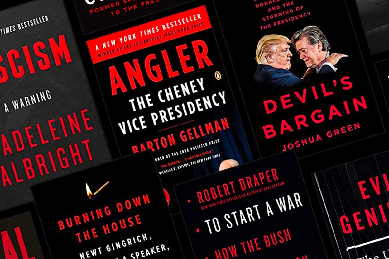 A collage of book covers for Angler, To Start a War, Burning Down the House, Evil Geniuses, Takeover, and Fascism: A Warning shows that they're all remarkably similar: Red and white sans serif fonts, black backgrounds, minimal imagery