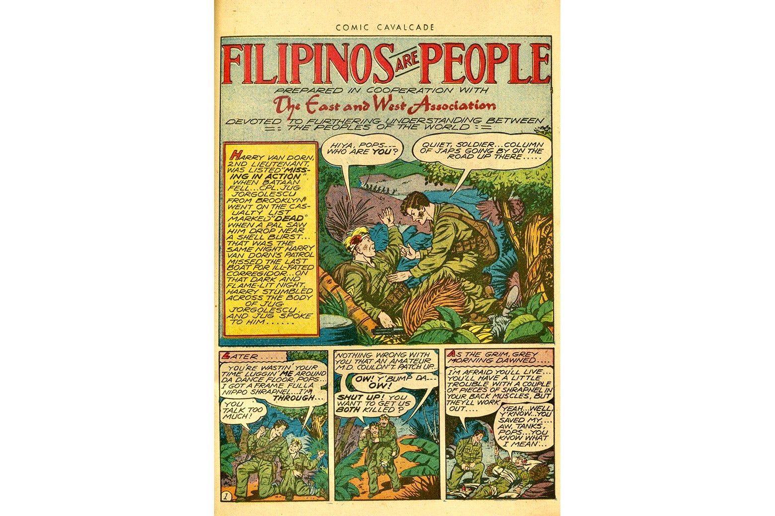 A comic in which an American soldier helps a Filipino man.