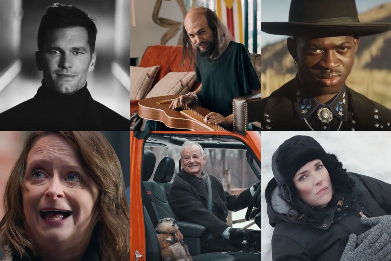 Collage of stills of Tom Brady, Jason Momoa, Lil Nas X, Rachel Dratch, Bill Murray, and Winona Ryder in their respective Super Bowl ads.