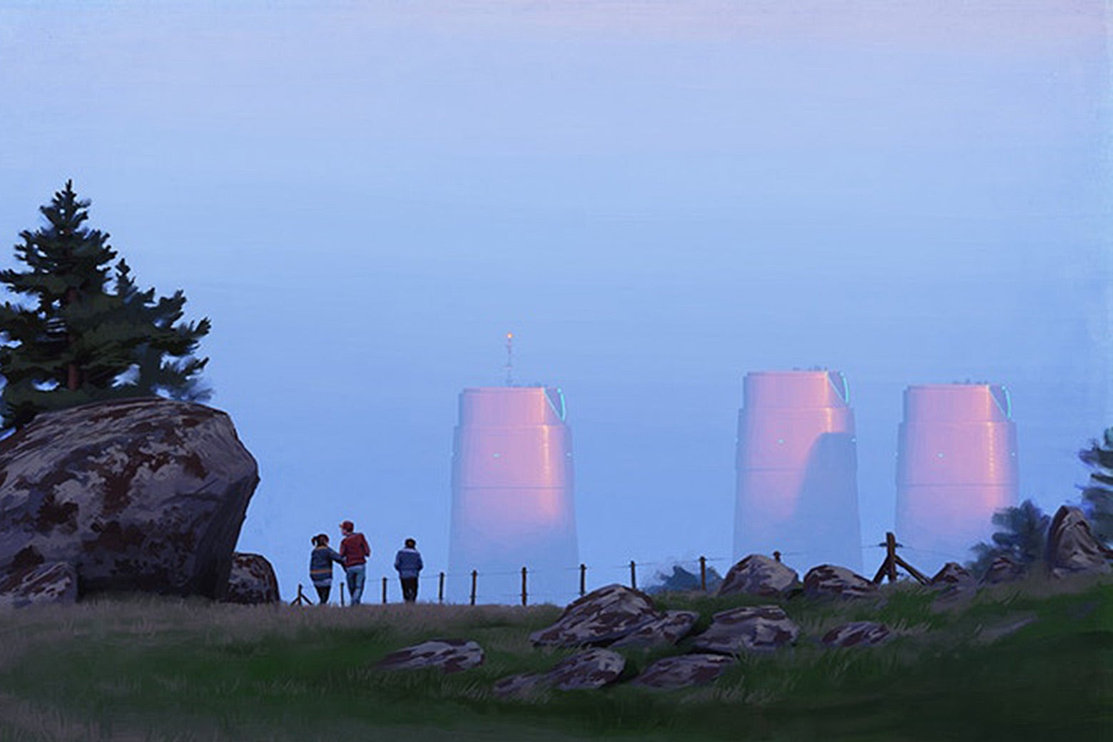 People at a lookout point with futuristic buildings in the distance.