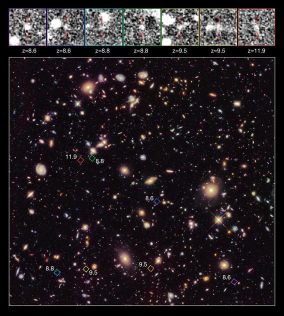 Hubble view of the most distant galaxy ever seen.