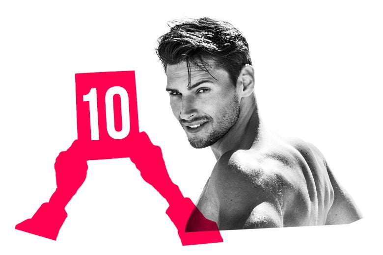 An attractive male model next to a judging card for 10.