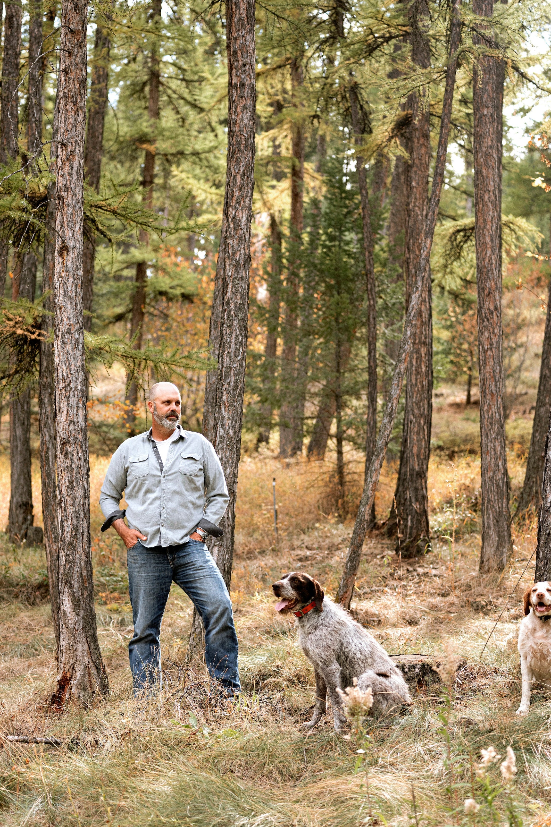 Busse standing in the woods behind his home with his two hunting dogs, Aldo Leopold and Teddy Roosevelt. Both dogs are named after historic conservationists Busse admires.