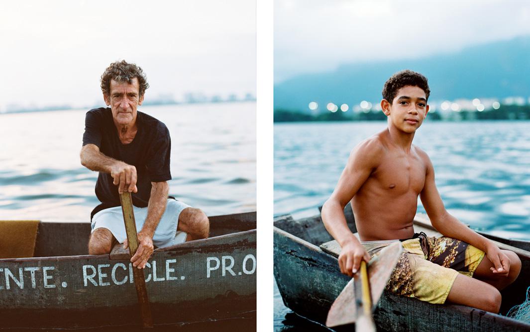 Seu Barrão, Favela Vila Autodromo, 2013, in his boat on Lagoa de Jacarepagua, where he fishes for a living. A fisherman, Seu Barrão fears the loss of his livelihood if he is forced to relocate to a remote area, as has been projected by the city planners. Right: Seu Barrão's son Tiago  