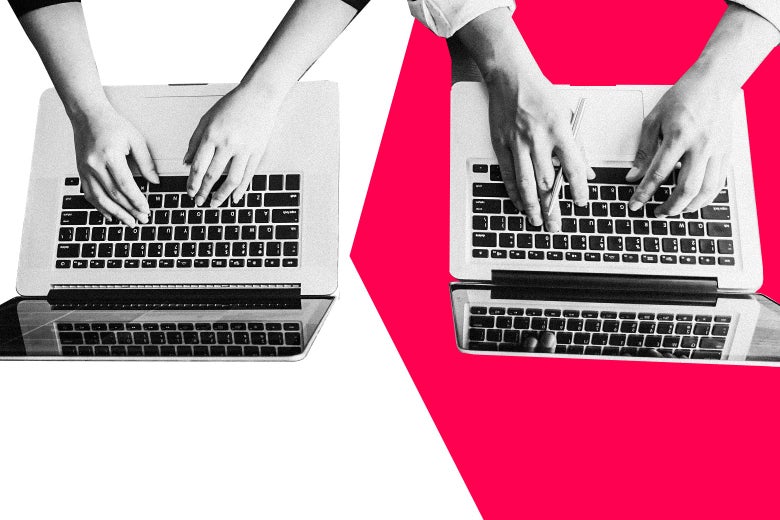 Two pairs of hands are shown typing on two laptops, seen side by side.