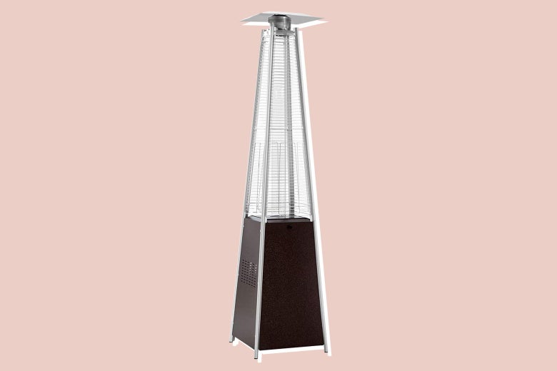 Patio heater isolated on light-pink background.
