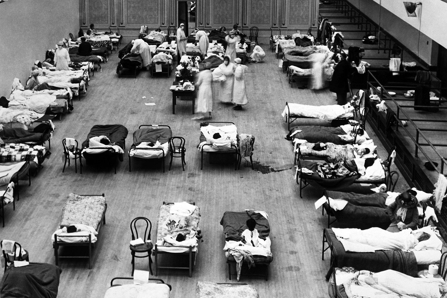 A black-and-white photo of sick beds in an auditorium.