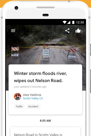 A screenshot of the Google Bulletin app, showing a flooded river.