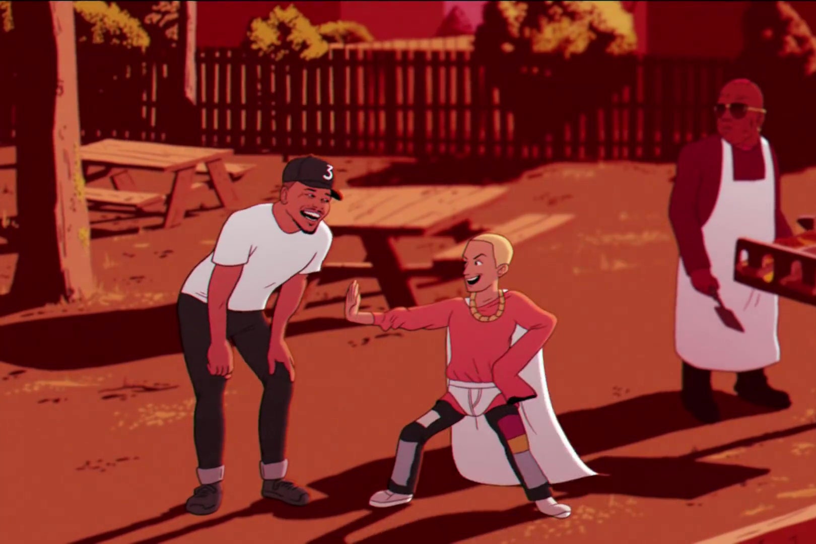 An animated version of Chance the Rapper laughs at an animated version of Jaden Smith, who is wearing a superhero outfit with briefs outside his pants