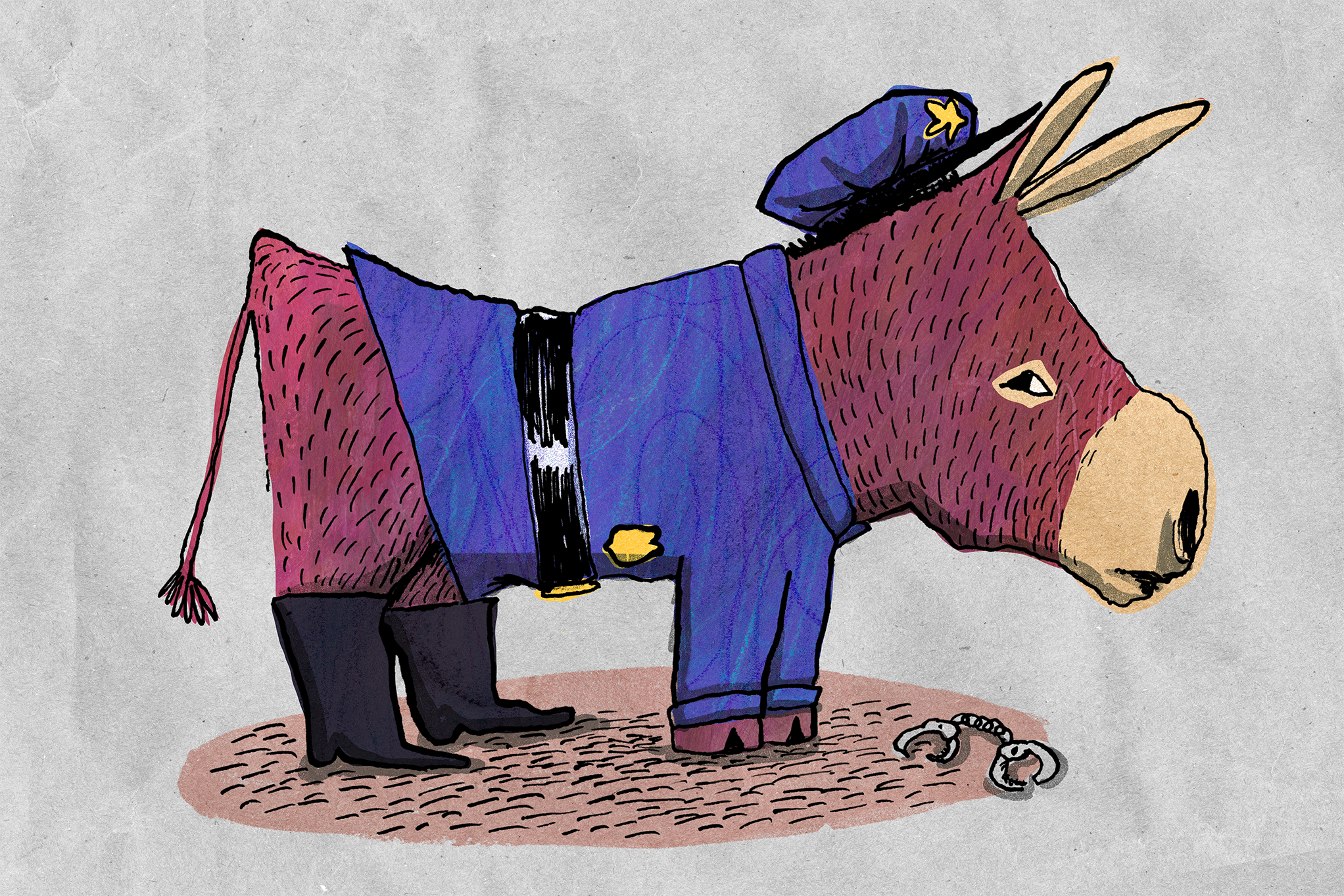 A cartoon Democratic donkey wearing a blue cop outfit with black boots. A pair of handcuffs lies open at its feet.