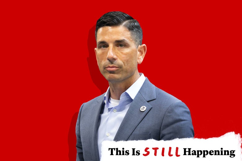 Chad Wolf, in jacket and a shirt with no tie and an open collar, looks toward the viewer against a red photo-illustration background, with a torn-paper logo in the bottom right corner reading "This Is Still Happening." 